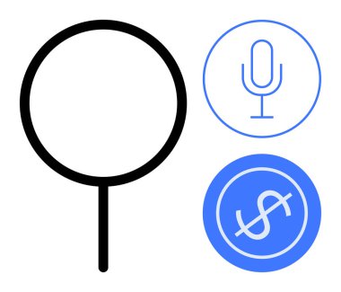 Büyüteç, mavi mikrofon ve dolar işaretleri arama, ses komutları ve finansal analizleri akla getiriyor. Teknoloji, finans, ses tanıma, araştırma yenilik yatırımı için ideal