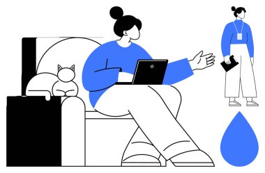 Konuşma sırasında dizüstü el hareketleriyle sandalyede oturan kadın, iş arkadaşı elinde defterle, su damlası simgesini tutuyor. Uzak çalışma, işbirliği, teknoloji, yaşam tarzı için ideal