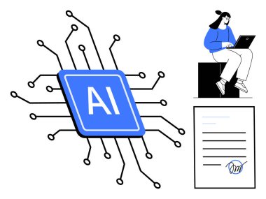 Devre çizgileri olan yapay zeka çipi, dizüstü bilgisayarda çalışan kişi, imzalı belge. Teknoloji, yenilik, yapay zeka, iş, verimlilik dijital eğitim için idealdir. Basit düz