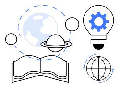 Gezegenlerin, Dünya 'nın ve yörünge çizgilerinin olduğu açık bir kitap, teçhizatlı bir ampul ve dairesel oklu bir küre. Eğitim, bilgi paylaşımı, bilim, küresel fikirler yenilik teknolojisi için ideal