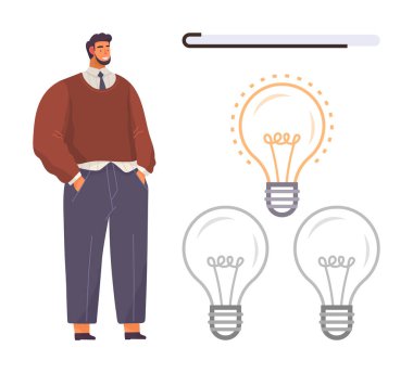 Rahatlamış bir adam üç ampulün yanında durur, biri parlak, yenilik, büyüme ve çözümleri sembolize eder. Yaratıcılık, motivasyon, problem çözme, beyin fırtınası gelişim tasarımı düşünme için ideal