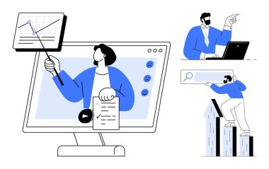 Ekrandaki bir sunucu veri eğilimlerini grafikle açıklıyor. Bir kişi arama sonuçlarını iyileştirmek için çubuk grafiklere tırmanırken, yönetici işi yönetir. Takım çalışması, iş, veri ve liderlik için ideal