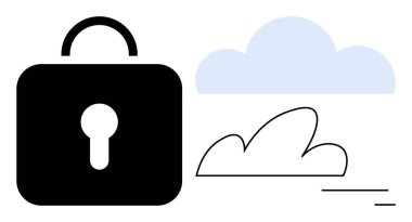 Tarz verilmiş bulutların yanında büyük kilit simgesi bulut teknolojisi ve siber güvenlik tasvir ediyor. Çevrimiçi gizlilik, veri depolama, güvenli sistemler, İnternet güvenliği, bilişim çözümleri, iş araçları, basit