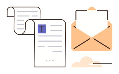 İçinde boş bir mektup olan zarfı aç ve içinde metin olan sarılmış bir belge. İletişim, e-posta, yazışmalar, yazışmalar, içerik paylaşımı, mesajlar ve organizasyon için ideal. Basit bir düz metafor.