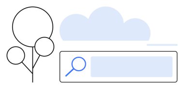 Büyüteç, bulut ve stilize ağaç içeren basit arama çubuğu. Web araması için ideal, minimal arayüz, teknoloji, doğa, çevre, yenilik basit iniş sayfası