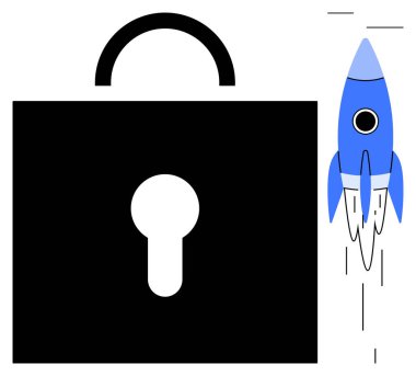 Mavi roket, anahtar deliğiyle birlikte siyah bir asma kilidin yanından kalkıyor. Başlangıç için ideal yenilik, siber güvenlik, teknoloji ilerlemesi, çığır açan fikirler, güvenlik, gizlilik koruması, basit düz metafor