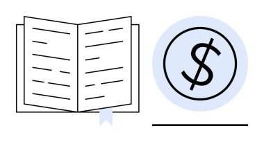 İçinde bir dolar işareti olan bir çemberin yanında yazı ve kurdele yer imi bulunan açık bir kitap. Eğitim, finans, yatırım, kişisel büyüme, okur yazarlık, akademik hedefler ve ekonomik farkındalık için ideal