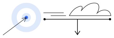 Ok hedefi tam isabet, çizgiler aşağıya doğru ok ile buluta aktarılıyor. Hassasiyet, hedef belirleme, veri paylaşımı, bulut hesaplama, takım çalışması, verimlilik odaklama için idealdir. Basit düz metafor