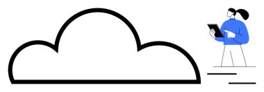 Tabletli kadın, büyük bulut şeklinin yanında. Bulut hesaplama, teknoloji, veri depolama, ağ oluşturma, uzaktan çalışma, yenilik ve iş için ideal. Basit bir iniş sayfası için mükemmel.