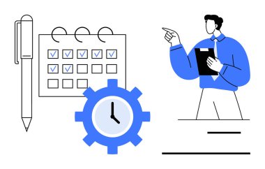 Kontrol listesi takvimi ve saatinin yakınındaki görevlere bakan adam. Verimlilik için kalem. Planlama, zaman yönetimi, organizasyon, programlama, liderlik, verimlilik için ideal, düz basit metafor