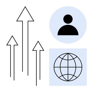 Yukarı doğru büyümeyi simgeleyen oklar, küresel bağlantı için mavi bir kare içinde bir küre ve bir kullanıcı simgesi. Başarı, büyüme, kişisel gelişim, küreselleşme, takım çalışması, liderlik süreci için ideal