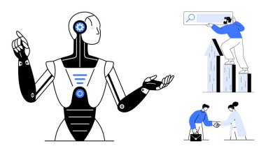 İnsan tırmanışı, arama çubuğu ikonu ve el sıkışan iki kişi ile bar grafiğine doğru hareket eden robot. İlerleme, yenilik, takım çalışması, yapay zeka, teknoloji, başarı için ideal basit düz metafor