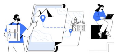 Sırt çantalı gezgin, haritada işaretleri olan, dizüstü bilgisayarda çalışan bir kadın. Seyahat, seyrüsefer, turizm, teknoloji, macera, uzak çalışma keşifleri için idealdir. Temiz ve basit bir daire