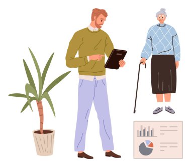 Genç adam, bastonlu yaşlı bir kadının yanında tablet kullanıyor. Kapalı alan bitkisi ve bilgi tablosu. Sağlık, bakım, teknoloji, aile desteği, yaşlanan nüfus, dijital sağlık uzaktan bakımı için ideal