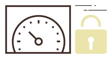 Hız göstergesi, çerçevesinde bir asma kilidin yanında. Teknoloji, siber güvenlik, güvenlik, hız, koruma, verimlilik ve kontrol kavramları için idealdir. Basit düz metafor