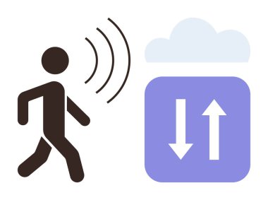 Ses girdisini temsil eden ses dalgalarıyla yürüyen figür, veri senkronizasyonu için bir bulut ve oklarla eşleştirildi. Teknoloji, ses komutu, veri paylaşımı, bağlantı, İOT, yenilik için ideal