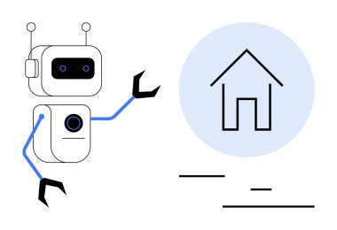 Robot kollarını yuvarlak grafikle ev sembolüne doğru uzatıyor. Akıllı ev otomasyonu, teknoloji entegrasyonu, yapay zeka, robot bilimi, gelecekçilik, ev yeniliği, basit iniş sayfası için ideal
