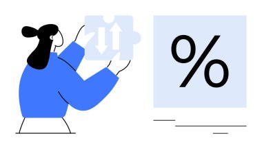 Veri analizi, karar verme, iş stratejisi, mali planlama, sorun çözme, üretkenlik, basit bir çalışma için yüzde sembolünün yanında iki yönlü okları olan yapboz parçası tutan kadın