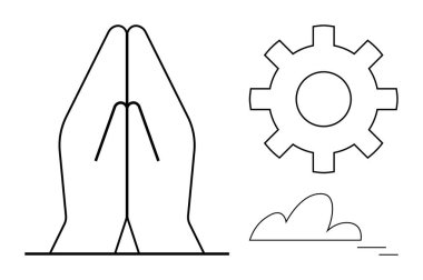 Vites ve bulutun yanında dua eden minimalist eller, maneviyat ve ilerleme arasındaki uyumu temsil ediyor. Meditasyon, teknoloji, denge, yenilik, inanç, farkındalık için ideal, basit düz