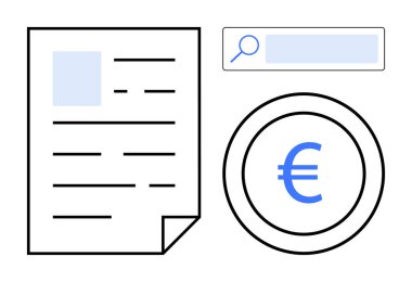 Metinli kağıt, büyüteçli arama çubuğu ve daire şeklinde avro para birimi işareti. Finans, araştırma, veri yönetimi, döviz kuru, mali raporlar, muhasebe ve basit
