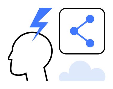 İnsan kafası yakınındaki şimşek fikirleri sembolize eder, ikon paylaşımı bağlantıyı simgeler ve bulut çevrimiçi depolama veya yenilik anlamına gelir. Beyin fırtınası, takım çalışması, yaratıcılık, teknoloji, ağ kurmak için ideal
