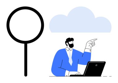 Resmi kıyafetli biri, bulut şeklinde hareket ederken dizüstü bilgisayar kullanır. Geniş büyüteç arama, araştırma, yenilik ya da veri keşfi öneriyor. Teknoloji, bulut hesaplama ve araştırma için ideal