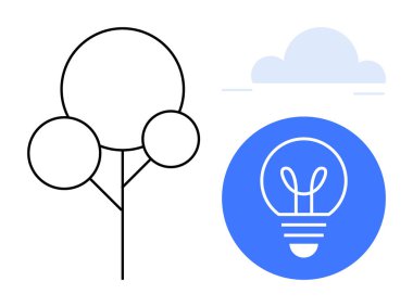 Dairesel şekilli minimalist ağaç, fikirleri sembolize eden mavi ampul ikonu, kavramları temsil eden bulut. Yaratıcılık, yenilik, yeşil enerji, teknoloji, sürdürülebilirlik, beyin fırtınası için ideal