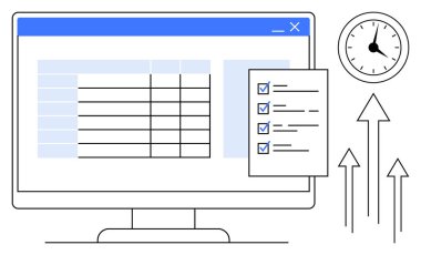 Hesap tablosu olan bilgisayar monitörü işaretli ögeler, saat ve yukarı bakan oklarla kontrol listesi. Üretkenlik, organizasyon, iş büyümesi, planlama, zaman yönetimi iş akışı için ideal veri güdümlü