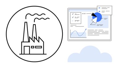Bacalı fabrika grafikleri, analitik gösterge paneli, grafikler ve çizelgeler, altında ikonik bulut. Sektör 4.0 için ideal, dijital dönüşüm, imalat, veri analizi, IoT