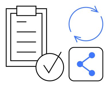 İşlem listeli pano, kontrol işareti, paylaşım simgesi ve ilerleme, organizasyon, işbirliği, ağ oluşturma, görev tamamlama ve takım çalışması ileten dairesel oklar. Üretkenlik için ideal