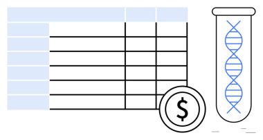 Düzenli veri tablosu, test tüpünde DNA ipliği ve dolar işaretli para. Biyoteknoloji, tıbbi araştırma, veri analizi, yenilik, finans laboratuarı sağlık hizmetleri için idealdir. Basit düz metafor