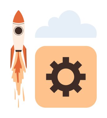 Roket fırlatma, vites ve bulutun yanında yenilik, ilerleme, teknoloji, otomasyon, başlangıç büyümesi, bulut hesaplaması ve gelişimi simgeliyor. Üretkenlik için ideal başarı ve gelecek