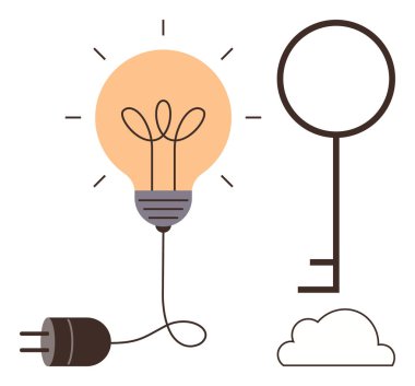 Kablolu ampul, antika anahtar ve bulut. Yenilik, yaratıcılık, ilham, çözüm, fikirlere erişim ve başarı için idealdir. Basit bir düz metafor.