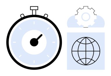 Dünya 'nın yanında duran kronometre ve dişli ikonları zaman takibi, küresel aktivite, süreç gelişimi ve verimliliği gösteriyor. Üretkenlik, iş akışı, teslim tarihleri, planlama, küresel ulaşım ve yenilik için ideal