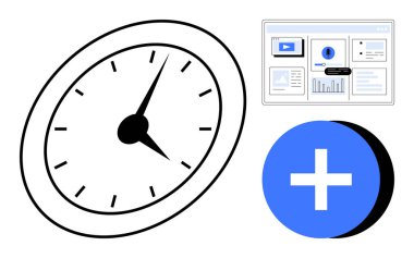Zamana önem veren saat, veri analizi için grafikli gösterge paneli ve mavi ekleme tuşu. Üretkenlik, yönetim, organizasyon, planlama, optimizasyon, karar verme mekanizması için ideal