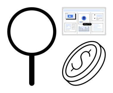 Büyüteç, madeni paraların yanında mali konsolu inceliyor. Finans, analiz, teknoloji, yatırım, araştırma, büyüme, ekonomi için idealdir. Keşif değerlendirmesini ve ilerlemeyi temsil eder