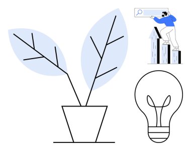 Büyümeyi sembolize eden saksıya bitki, yaratıcılığı simgeleyen ampul, başarı için grafik çubuklarının tepesine çıkan insan. Büyüme, yenilik, ilerleme, yaratıcılık, araştırma, sürdürülebilirlik için ideal basit düz