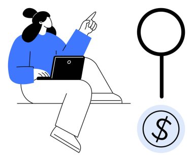 Yukarıya bakan dizüstü bilgisayarda çalışan kadın, büyüteçle arama ve dolar işaretini sembolize ederek finansal odak noktasını temsil ediyor. Eğitim, araştırma, yenilik, finans, başarı, strateji için ideal