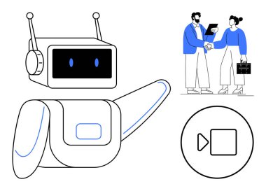 Robot asistanı jestleri, iş adamları el sıkışıyor ve video oynatma düğmesi. Takım çalışması, yapay zeka, ortaklıklar, toplantılar, teknolojik öğretiler dijital işbirliği yenilikçi çözümler için idealdir. Basit.