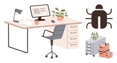 Çalışma alanı, masa, sandalye, bilgisayar monitörü, lamba, bitkiler, dosyalar ve siber tehditleri ele alan böcek ikonu. Siber güvenlik için ideal, çevrimiçi güvenlik ofisi verimlilik riski yönetimi bilişim