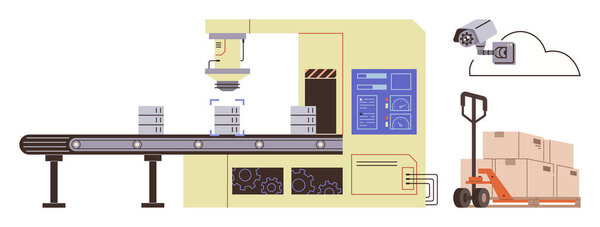 Robotic arm arranging boxes on conveyor belt, control panel operations, monitoring camera, and forklift moving packaged goods. Ideal for automation, manufacturing, logistics, technology, efficiency