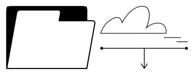 Dosya dizini, veri transferi, bulut depolama ve bilgi erişimini sembolize eden aşağıya doğru ok ile bir bulut illüstrasyonuna bağlandı. Teknoloji, veri yönetimi, bulut hesaplama ve üretkenlik için ideal