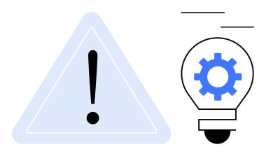 Teçhizatlı dinamik ampulün yanında uyarı üçgeninin içinde ünlem işareti. Risk yönetimi, yenilik, yaratıcılık, teknoloji, güvenlik, alarm, iş stratejisi için idealdir. Basit düz metafor