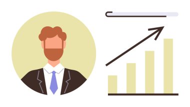 Resmi giyinmiş bir iş adamı, yukarı doğru ok ve ilerleme çubuğu olan bir bar çizelgesinin yanında. Kariyer büyümesi, iş başarısı, liderlik, performans ölçümleri, veri analizi, ilerleme ve hedef için ideal