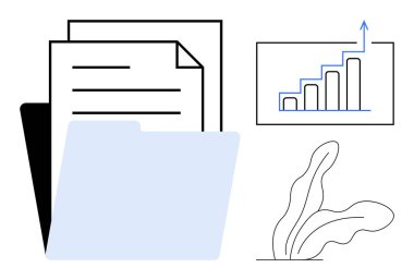 Kağıtlı dosya dizini, yukarı doğru oklu büyüme tablosu ve soyut bitki öğesi. Organizasyon, veri depolama, üretkenlik, analitik, iş büyümesi, basit bir daire planlama için ideal