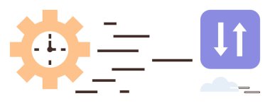 Mavi karede yukarı-aşağı oklara bağlı turuncu dişli saat ve hareket çizgileri. Zaman yönetimi, verimlilik, veri senkronizasyonu, iş akışı, otomasyon, hız, verimlilik için ideal. Basit.