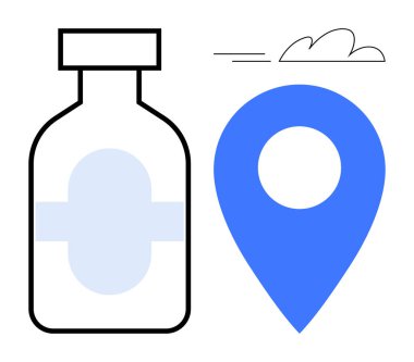 İlaç şişesi ve küçük bulut aksanlı mavi harita iğnesi hızlı teslimat olduğunu gösteriyor. Lojistik, sağlık, eczane, ilaç dağıtımı, çevrimiçi siparişler, e-ticaret, hızlı hizmetler için ideal