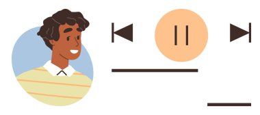 Medya denetim elemanlarının yanında gülümseyen kişinin portresi, düz grafik tarzında çalmayı, duraklamayı ve atlamayı işaret ediyor. Müzik, teknoloji, kullanıcı arayüzü, eğlence, yayın, uygulamalar için ideal