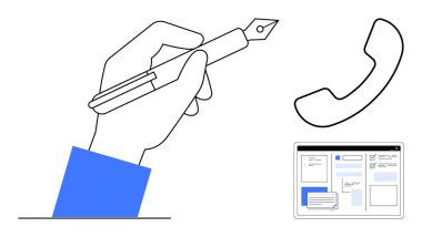 El ele tutuşma kalemi, telefon ahizesi, belge ve mesajlarla dijital arayüz. İletişim, işbirliği, yaratıcılık, üretkenlik, iş ağı iş akışı için ideal. Basit düz metafor