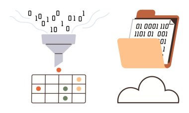 İkili kod bir huniden veri tablosuna akar, yanında bulut depolama ve şifreli dosyalar vardır. Veri işleme, depolama, analiz, bulut hesaplama ve organizasyon için ideal